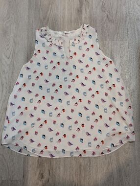 Rose & Olive White Sleeveless Bird Print Ruffle Neck Top - Size XL